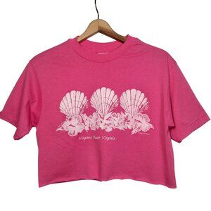 Vintage Virginia Beach Shirt Medium Pink Crop Top Seashell Hibiscus Single Stich